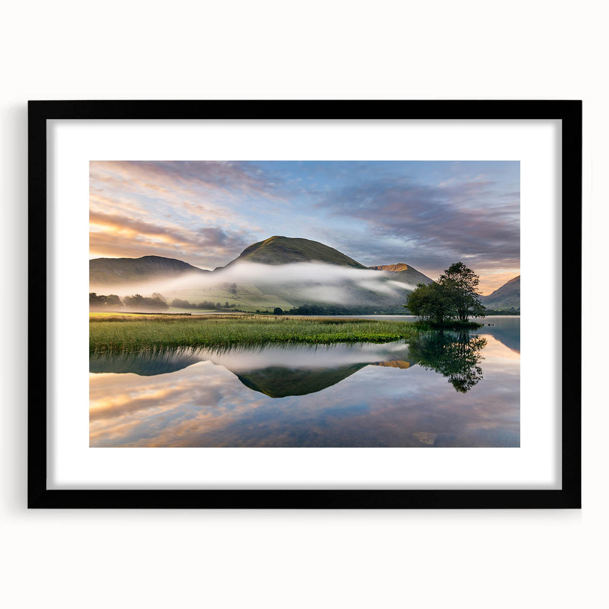 Colorful abstract art print of a textured European scenery in a large black frame, ideal for living room decor.