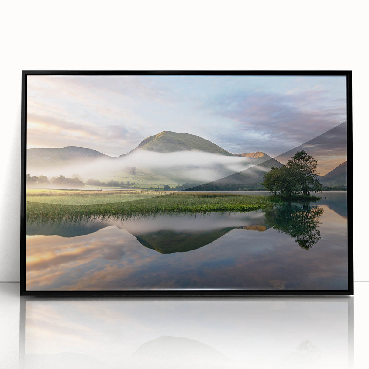 Large abstract wall art depicting a serene Cumbrian landscape in muted greens and blues, framed acrylic.
