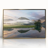 Art deco poster depicting the serene Cumbria landscape in England, framed in gold acrylic, ideal for nursery wall art.