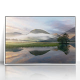 Mid-century modernist art depicting Cumbria, England, in muted earth tones on a framed acrylic, ideal for nursery wall art.