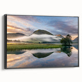 Black and white wall art featuring a vintage poster of Cumbria landscape on framed canvas, suitable for bedroom decor.