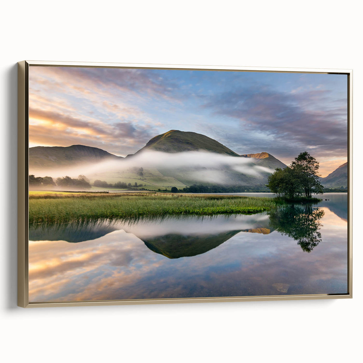 Framed canvas featuring a vintage landscape painting of Cumbria, England, in muted earth tones, ideal for bedroom wall art.