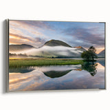 Landscape art painting of Cumbria, England, featuring colorful fields under a cloudy sky, printed on a silver-framed canvas.