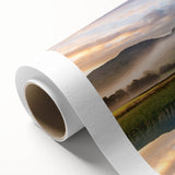 Art deco poster of the Cumbria landscape in England, featuring soft green and blue tones on rolled canvas.