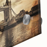 Large abstract depiction of London skyline in muted gray and blue tones on acrylic glass, ideal for dining room art.