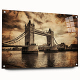 Large abstract depiction of London skyline in muted gray and blue tones on acrylic glass.