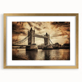 Abstract art print of London scenery in muted gray and gold tones, framed with a gold mat, ideal for dining room decor.