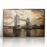 Large art print of the London skyline in muted gray and blue tones, framed in silver acrylic.