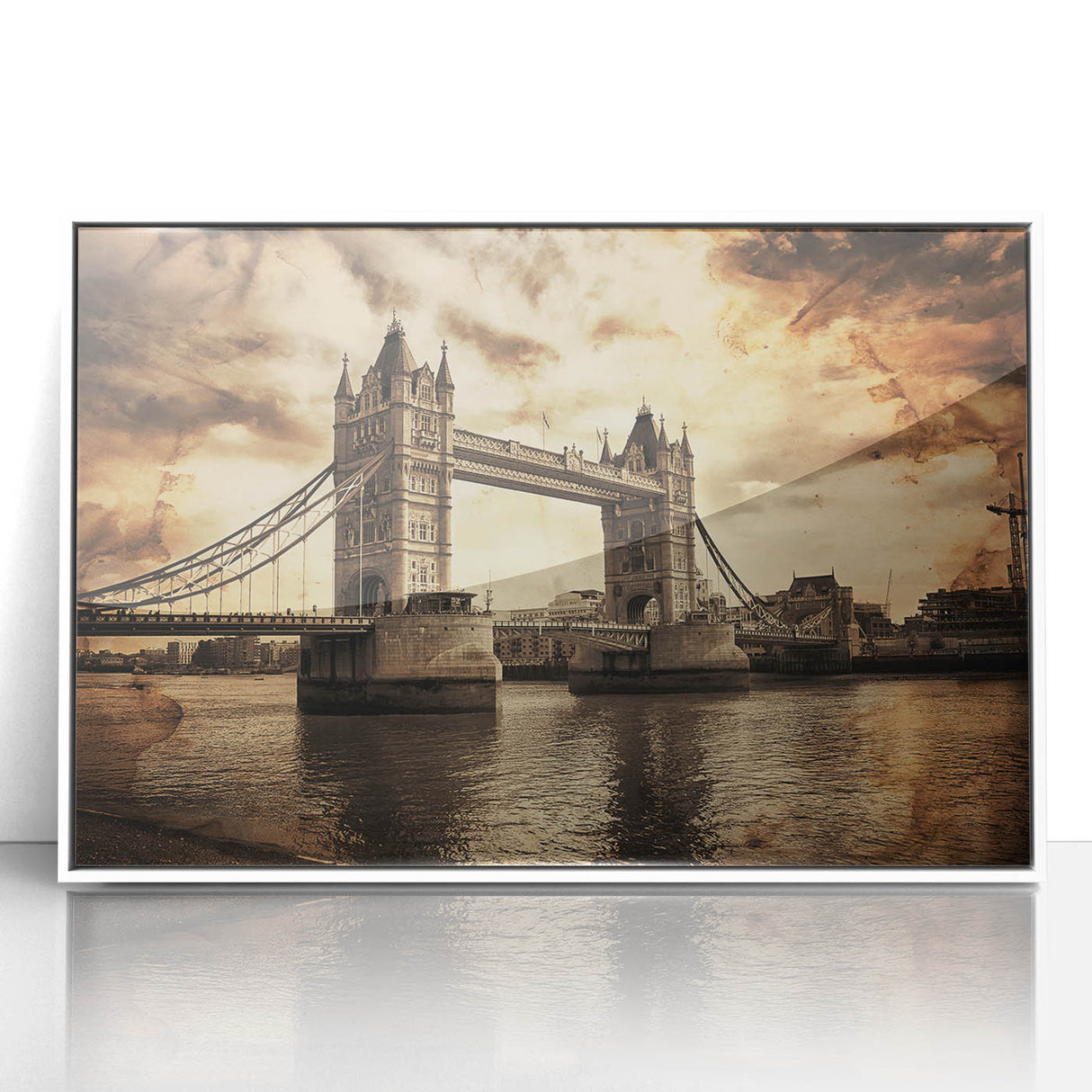 Mid-century modernist art depicting the London skyline in muted gray and blue tones on a framed acrylic print.