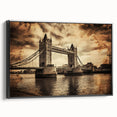 Black and white vintage poster art of London landscape on framed canvas, suitable for bedroom wall decor.