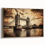 Framed canvas wall art featuring a vintage poster of the London skyline in black and gold tones, ideal for bedroom decor.