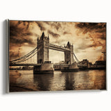 Framed canvas of a vintage London landscape in muted black and colorful accents, ideal for living room decor.