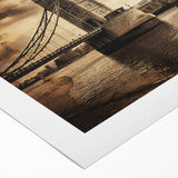 Art deco poster of London scenery in muted earth tones on rolled canvas, suitable for dining room wall art.