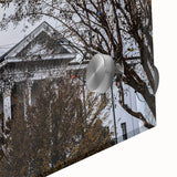 Mid-century modernist acrylic glass wall art depicting Oxford's scenery in muted earth tones, ideal for dining room ambiance.