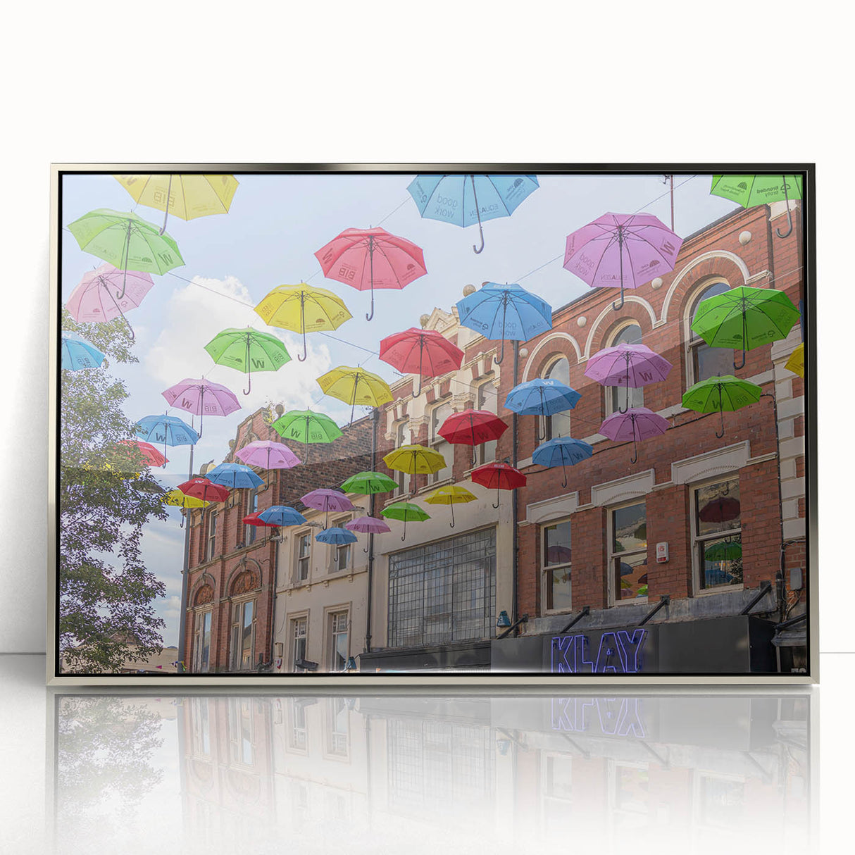 Large art print of Piccadilly, England on framed acrylic, featuring mid-century modernist style and muted color tones.
