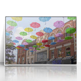 Mid-century modernist art depicting Piccadilly, England in muted colors on a framed acrylic print.