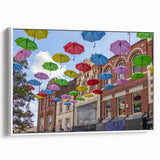 Vintage poster art of Piccadilly, England in vibrant colors on a large framed canvas, ideal for living room decor.
