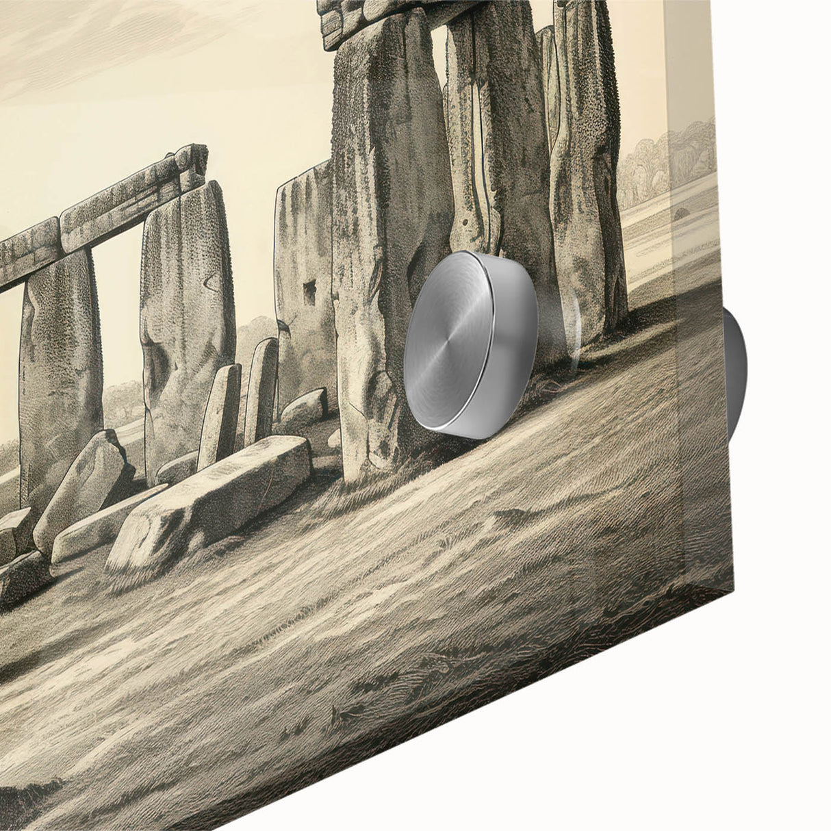 Acrylic print of Stonehenge in muted earth tones, ideal for dining room art in a mid-century modernist style.