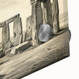 Acrylic print of Stonehenge in muted earth tones, ideal for dining room art in a mid-century modernist style.