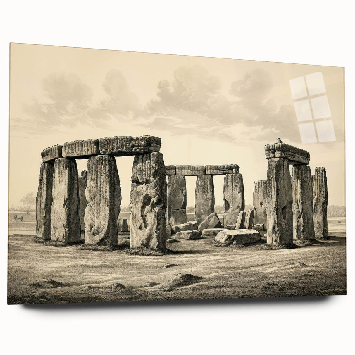 Acrylic print of Stonehenge in muted earth tones, suitable for bedroom or dining room decor.