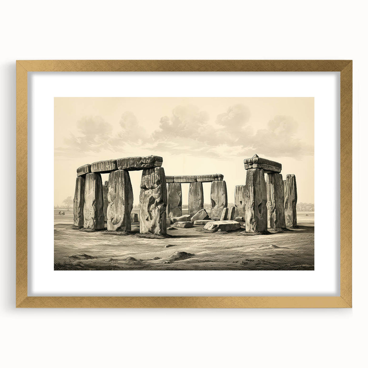 Abstract art print of Stonehenge in muted earth tones on a framed canvas, suitable for bedroom or dining room decor.