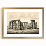 Abstract art print of Stonehenge in muted earth tones on a framed canvas, suitable for bedroom or dining room decor.