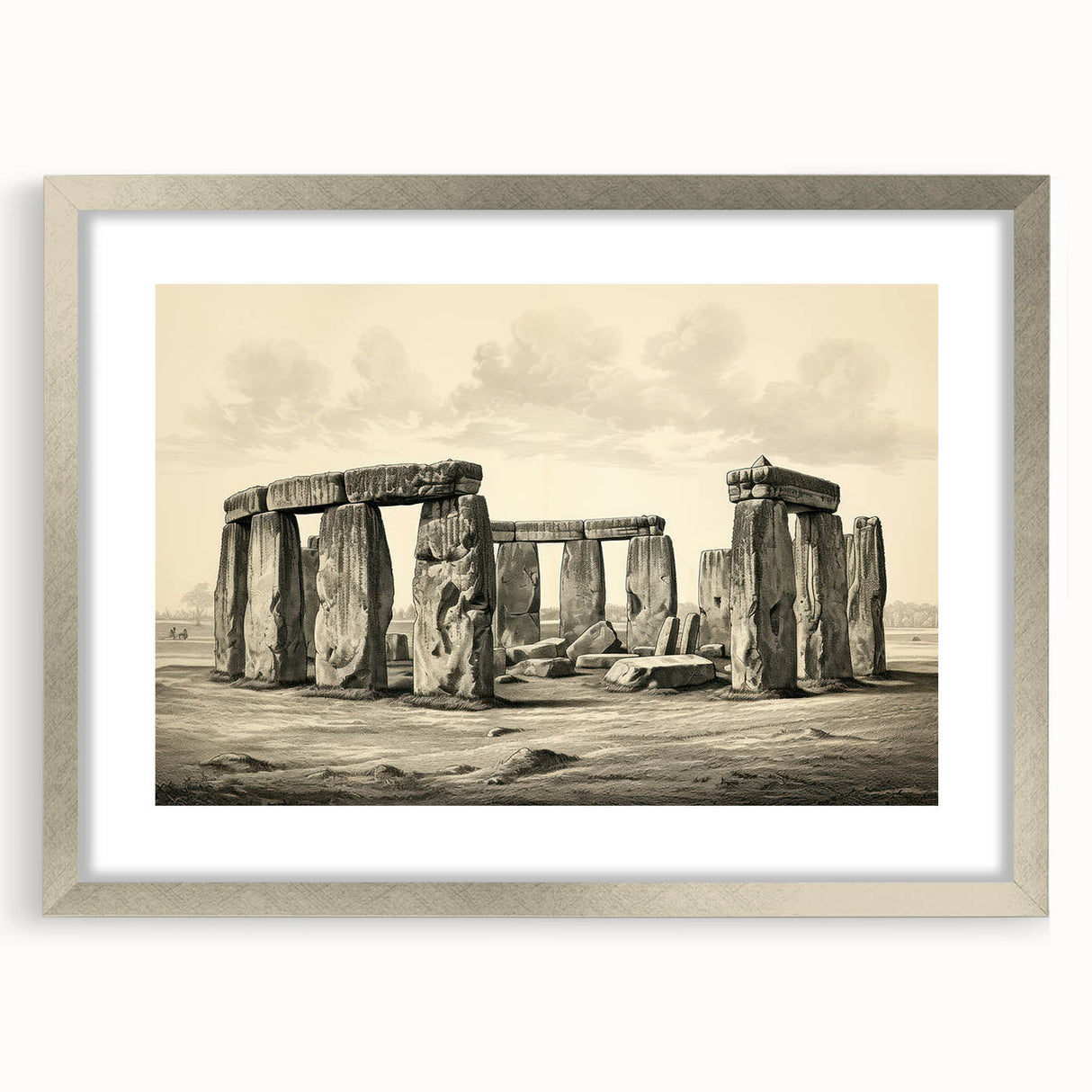 Extra large wall art of Stonehenge in muted earth tones on a textured canvas, suitable for living room decor.
