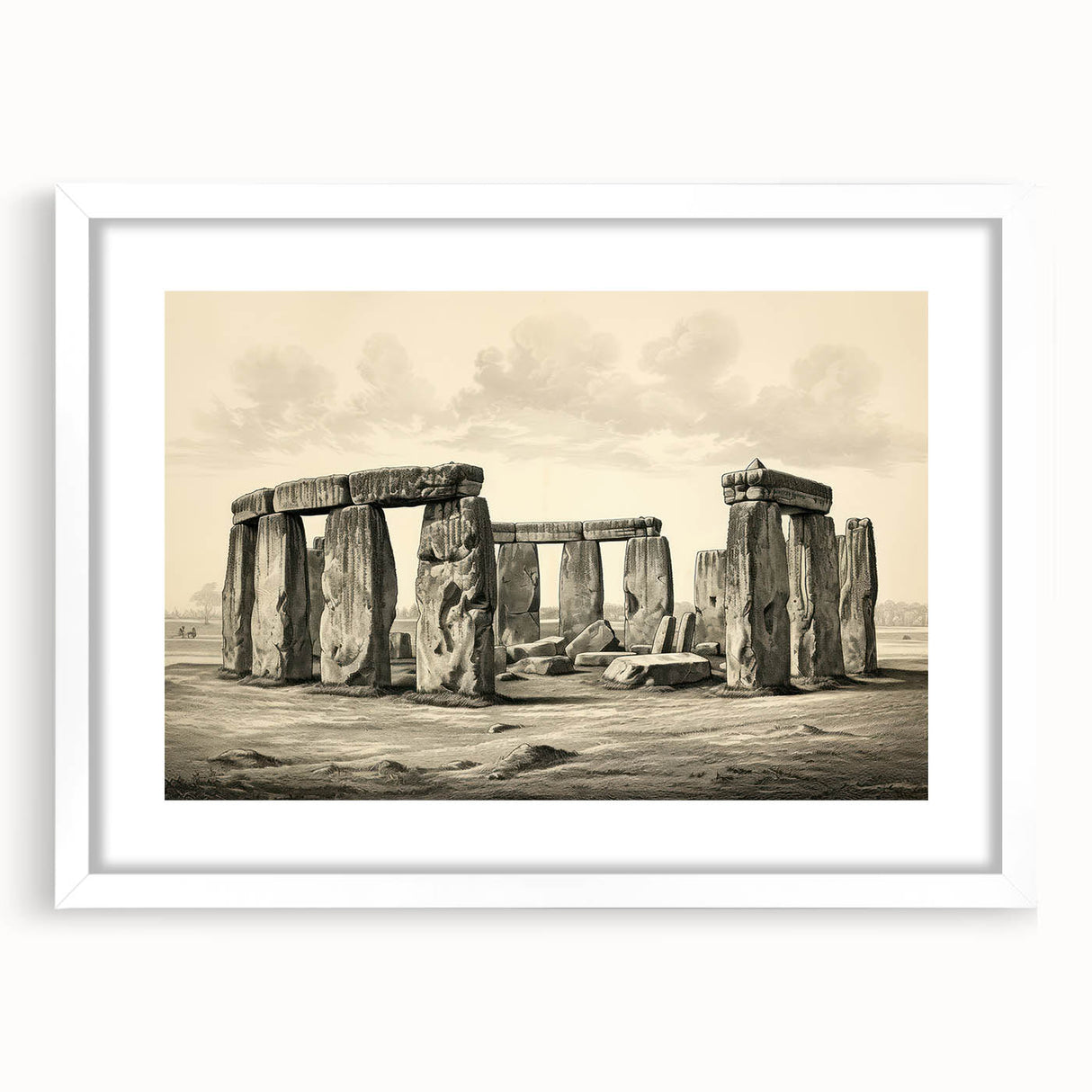 Textured art print of Stonehenge in muted earth tones on a framed white mat, suitable for bedroom wall decor.