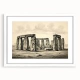 Textured art print of Stonehenge in muted earth tones on a framed white mat, suitable for bedroom wall decor.