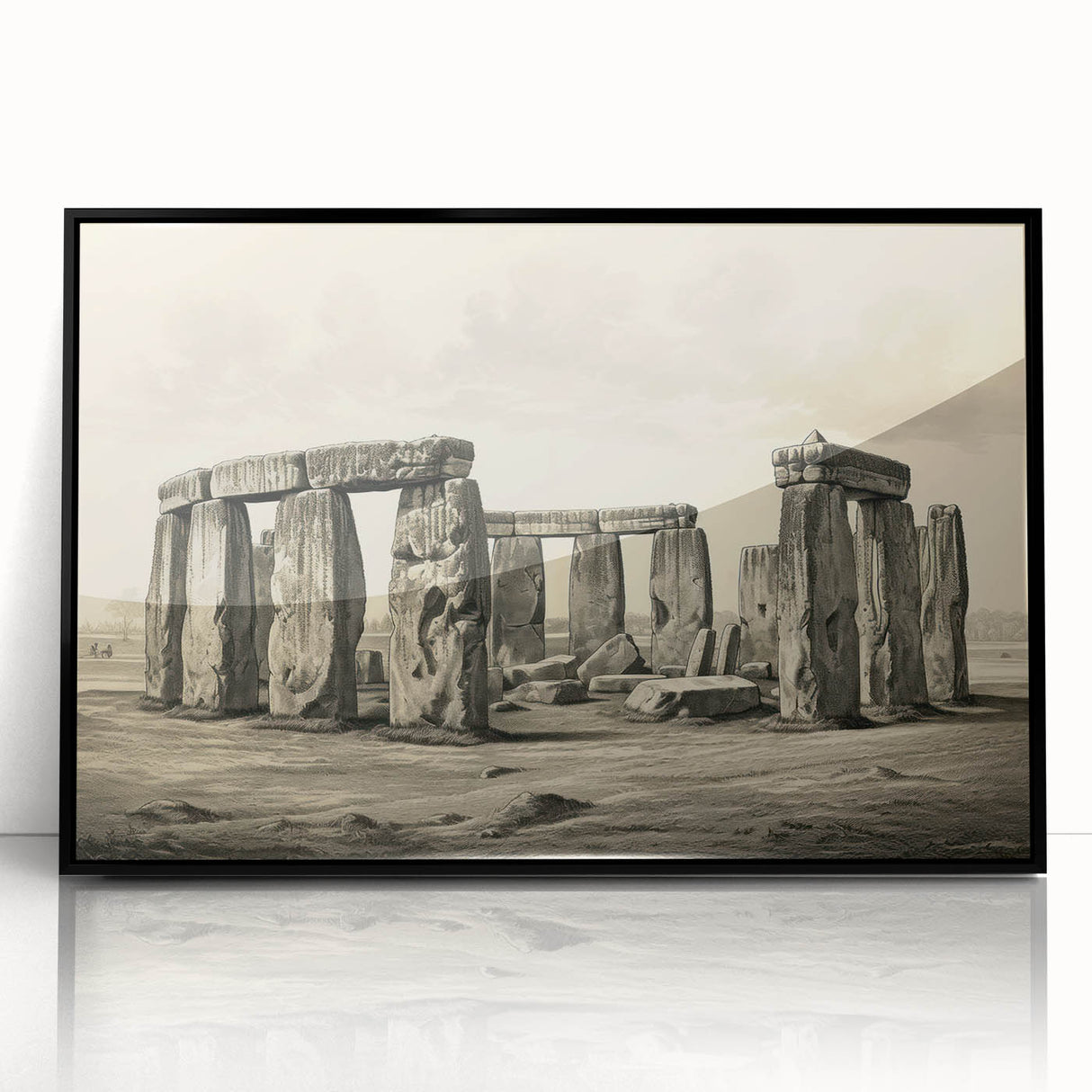 Large abstract wall art depicting Stonehenge in muted tones on a framed acrylic, ideal for modern art wall decor.