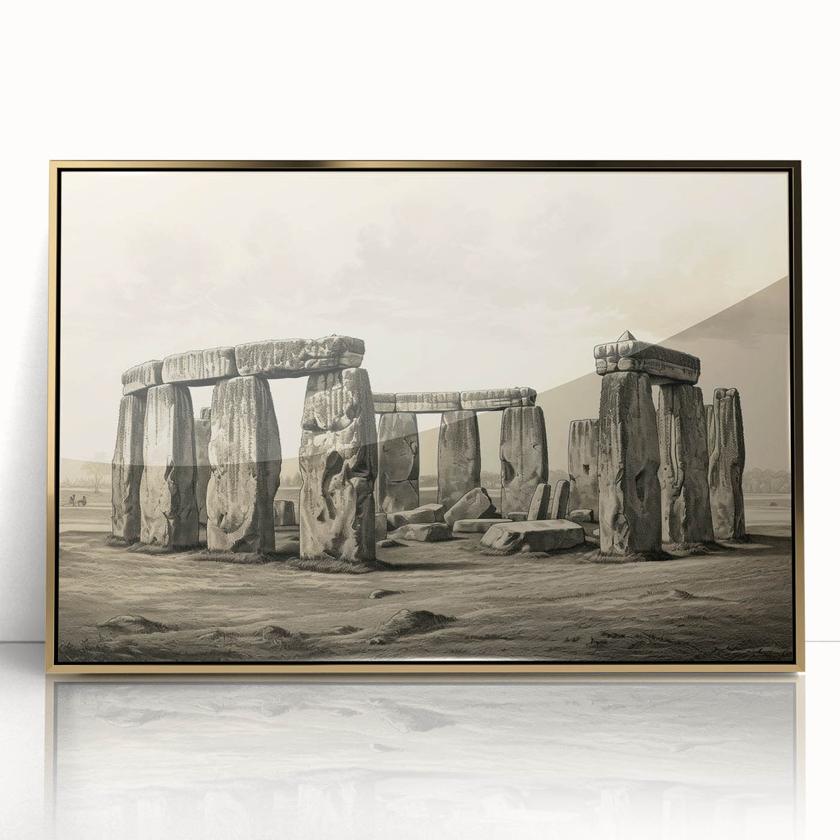Art deco poster of Stonehenge in muted earth tones on a gold-framed acrylic, ideal for modern art wall decor.
