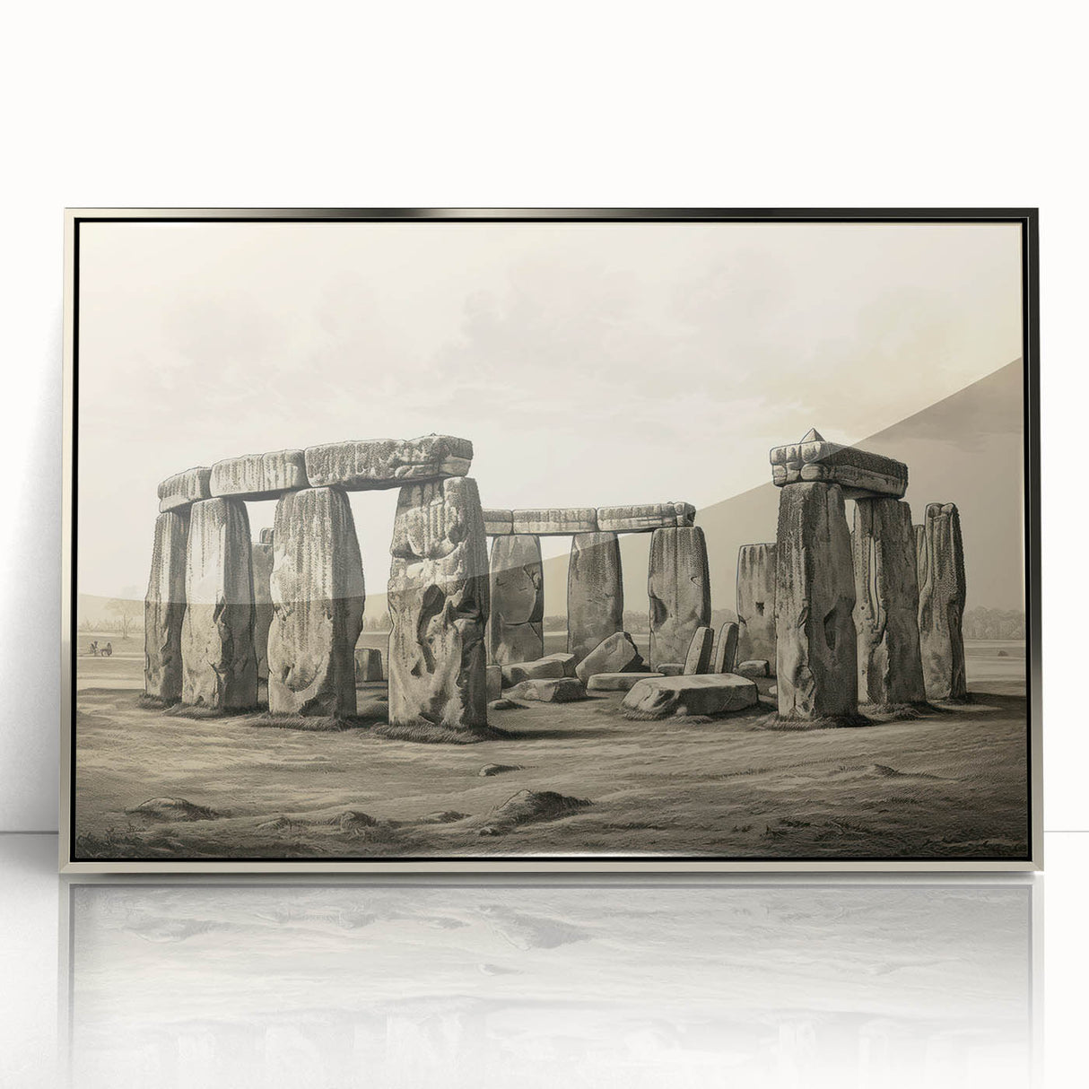 Framed acrylic print of Stonehenge with muted green and gray colors, in a mid-century modernist style.
