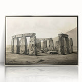 Framed acrylic print of Stonehenge with muted green and gray colors, in a mid-century modernist style.