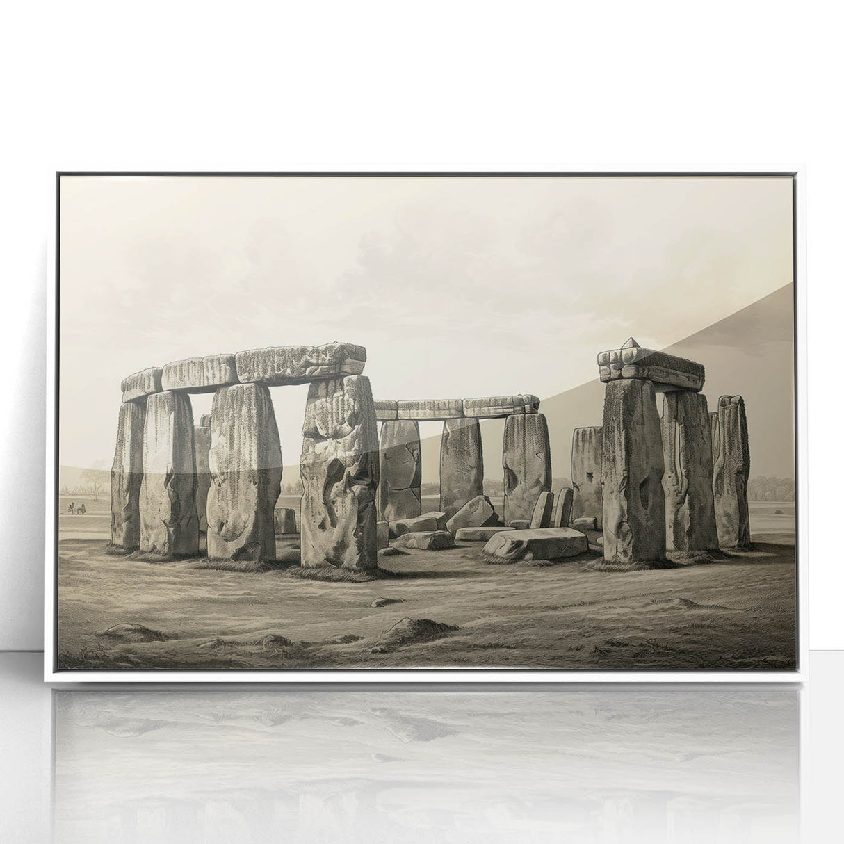 Mid-century modernist art of Stonehenge in muted earth tones, framed acrylic, ideal for modern art wall decor.