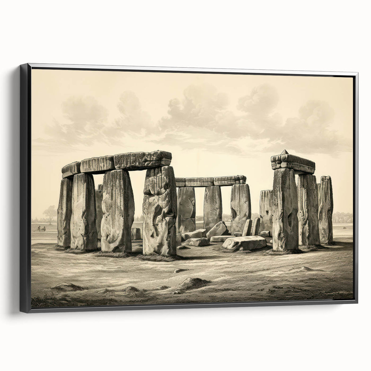Black and white framed canvas of Stonehenge in a vintage poster style, ideal for bedroom wall art.