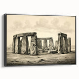 Black and white framed canvas of Stonehenge in a vintage poster style, ideal for bedroom wall art.