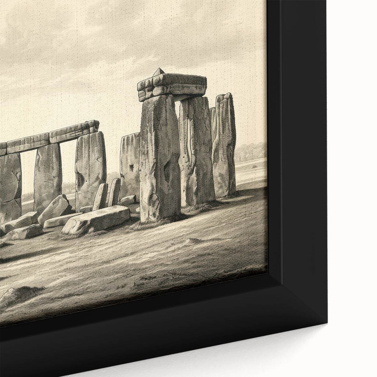 Close-up of black wall art featuring Stonehenge in textured style with muted earth tones on a framed canvas.