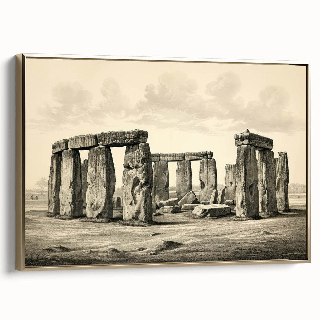 Framed canvas depicting Stonehenge in muted earth tones, ideal for bedroom wall art.