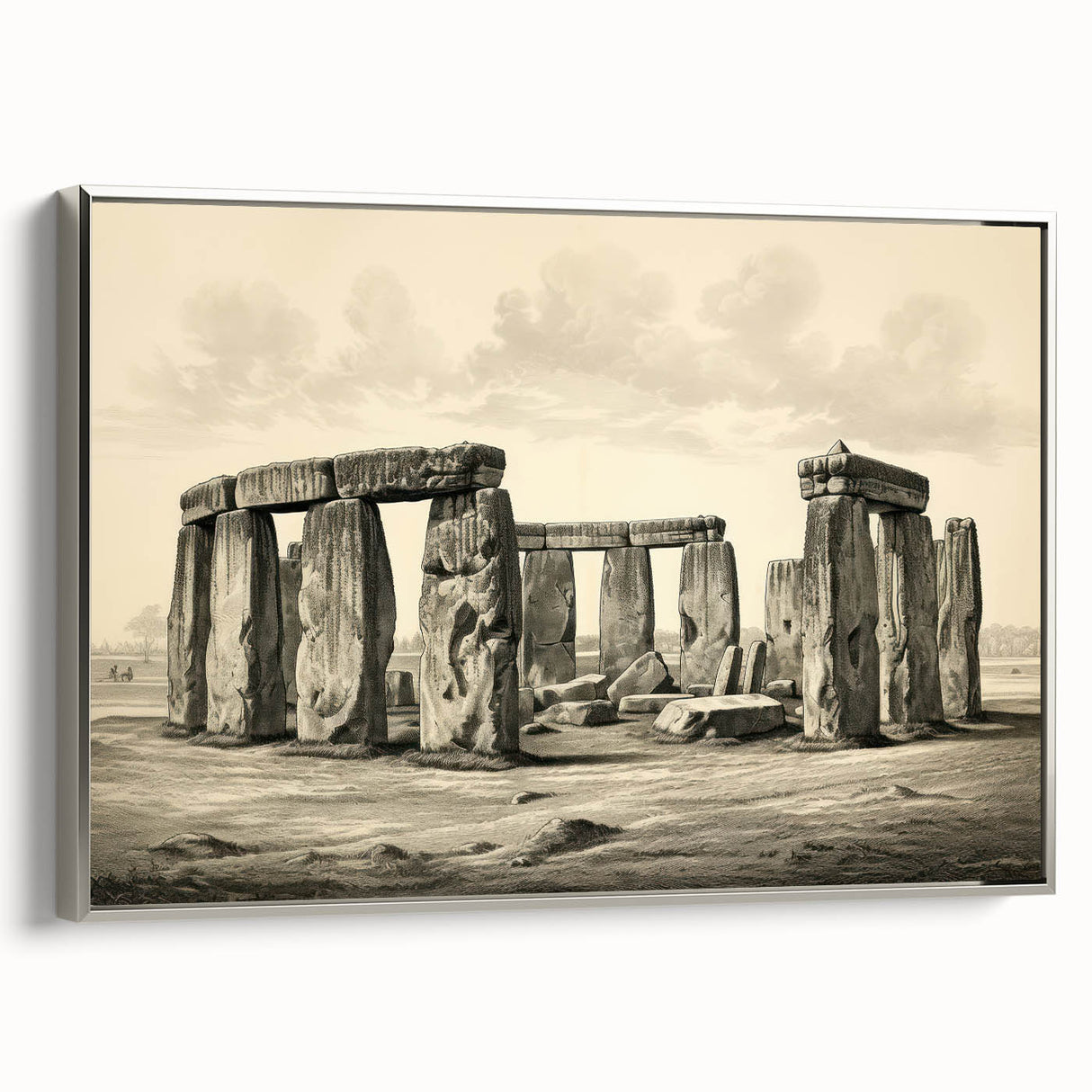 Framed canvas landscape art painting of Stonehenge with muted earth tones, ideal for living room decor.
