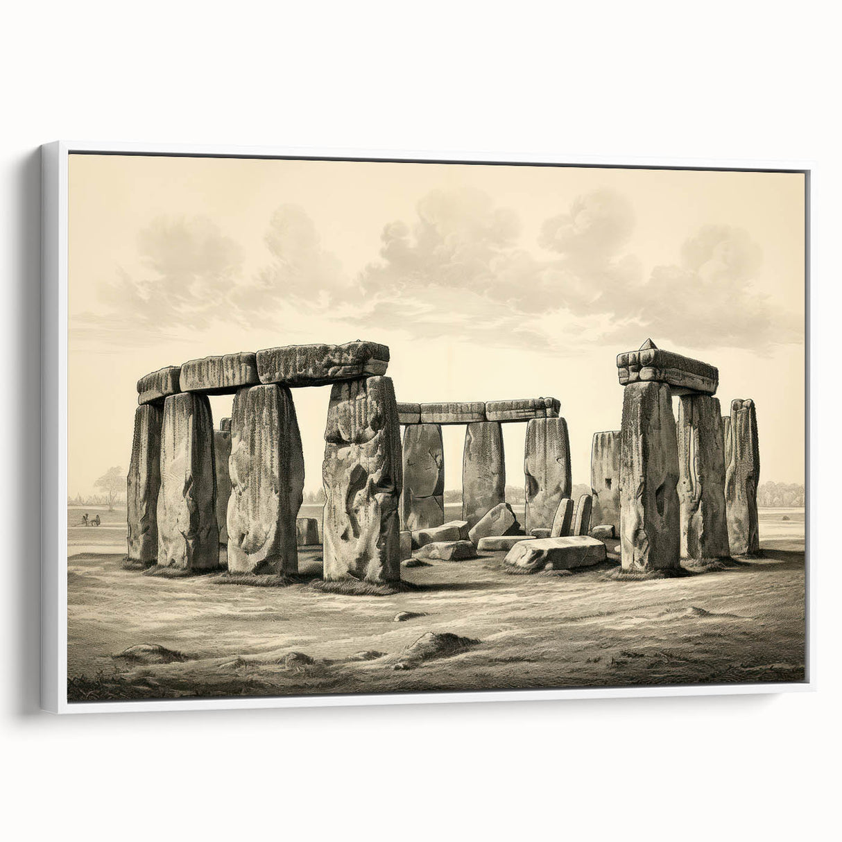 Framed canvas of vintage poster art depicting Stonehenge in muted earth tones, ideal for living room decor.