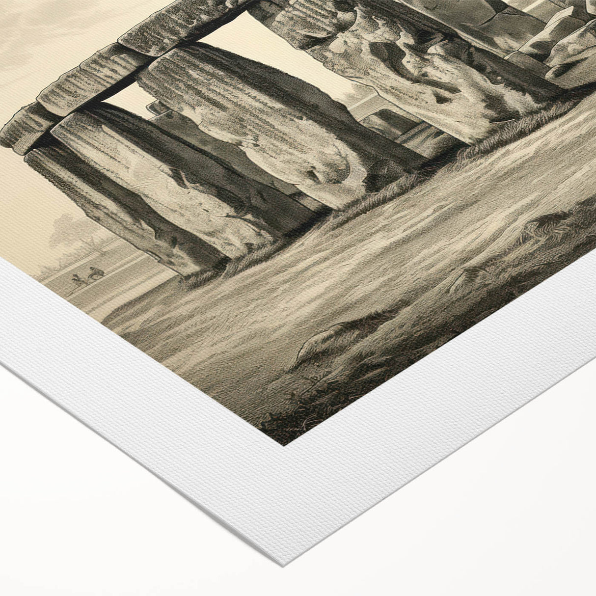 Art deco poster of Stonehenge in muted earth tones on rolled canvas, suitable for dining room wall art.
