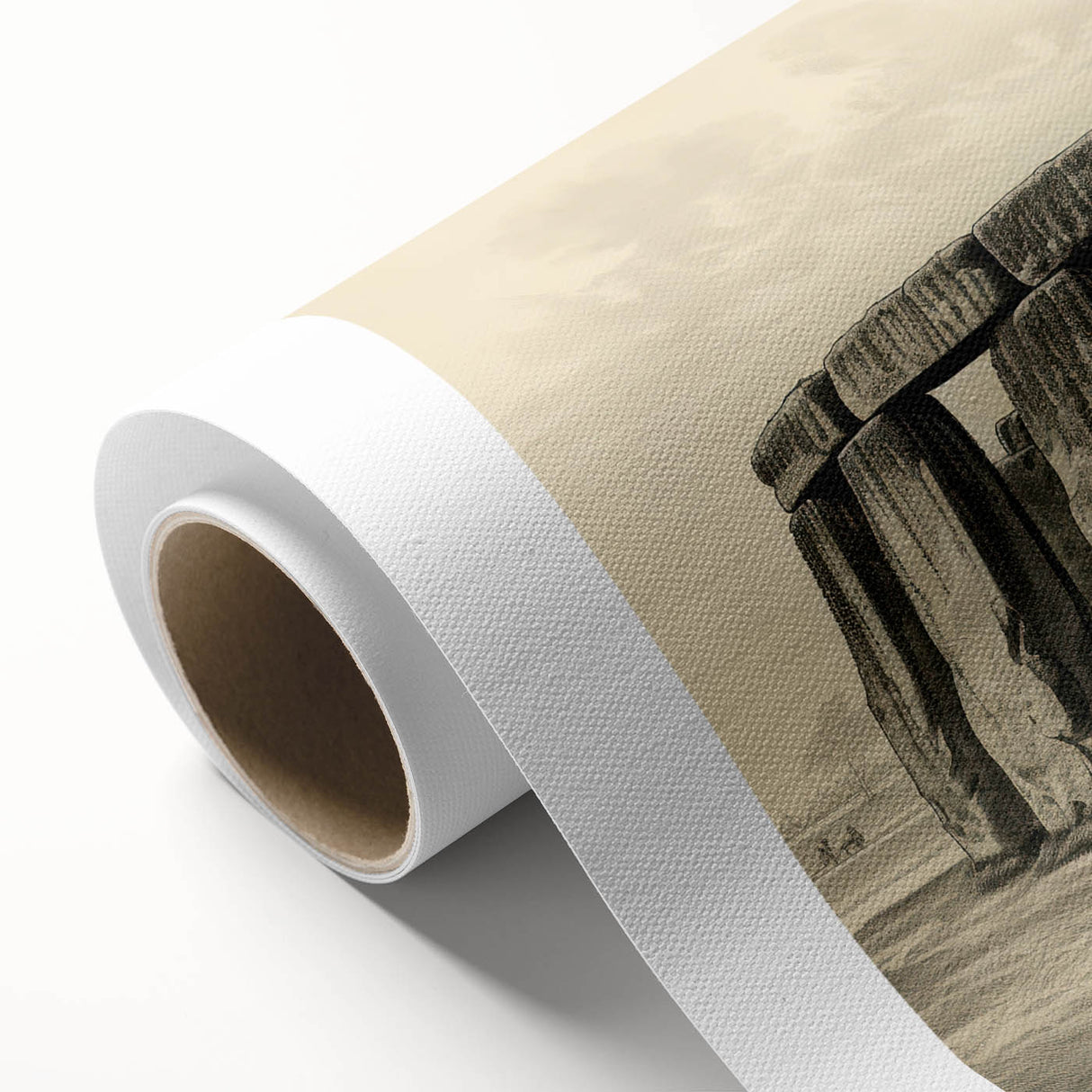 Art Deco poster of Stonehenge in muted earth tones on rolled canvas, ideal for nursery wall art.