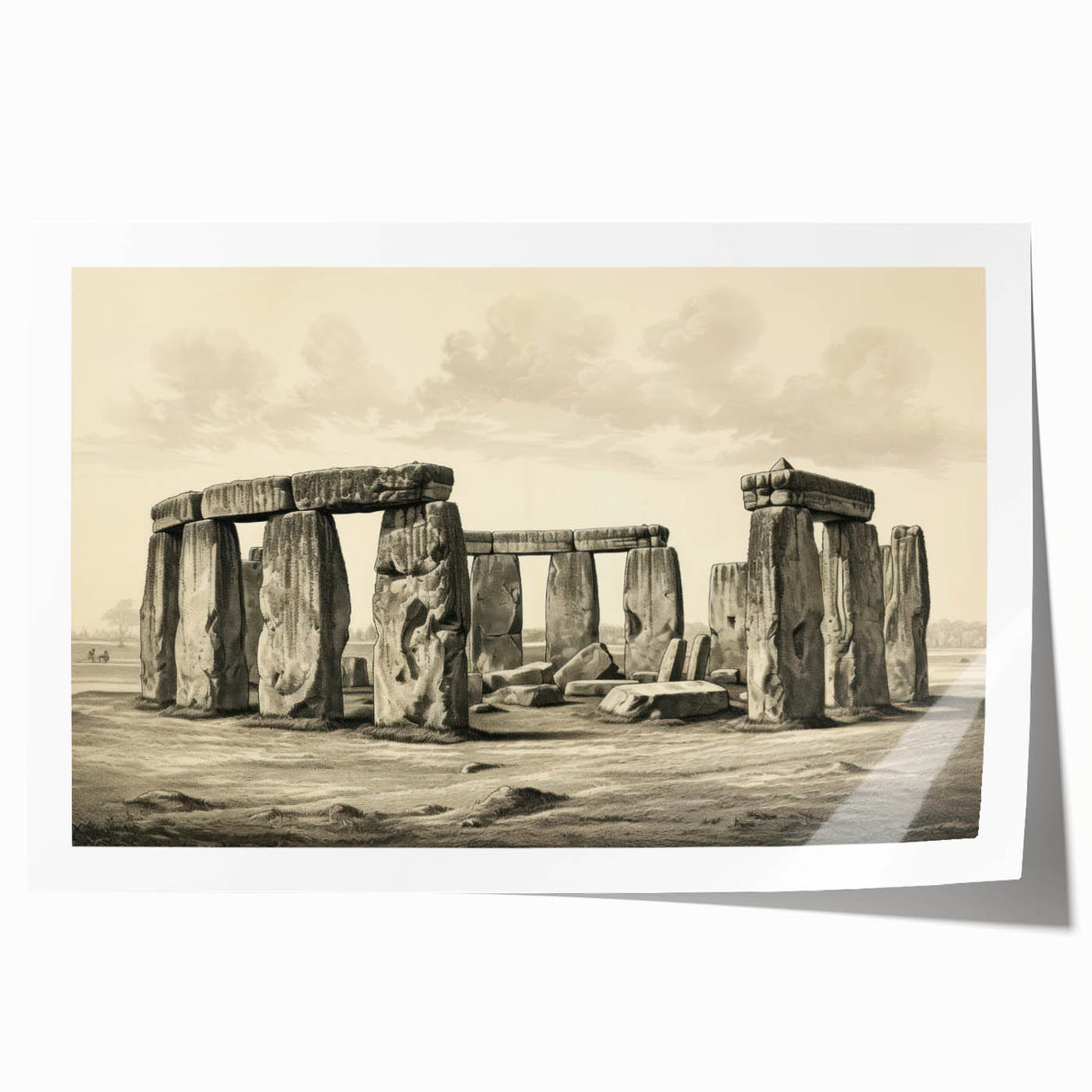 Stonehenge photograph in muted earth tones on a rolled print, suitable for dining room wall art.
