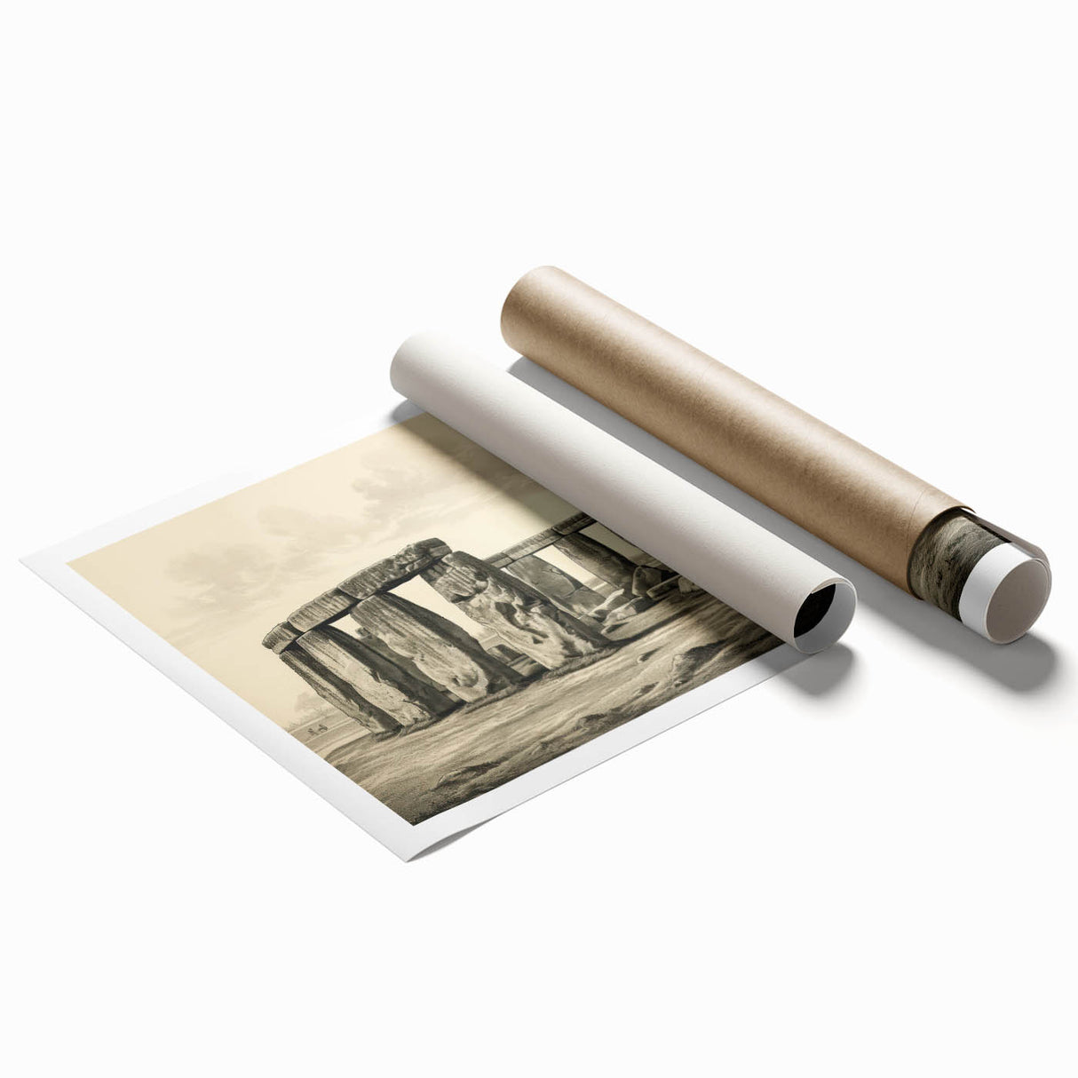 Stonehenge photograph in muted earth tones on a rolled print, suited for classy bathroom or large living room wall art.