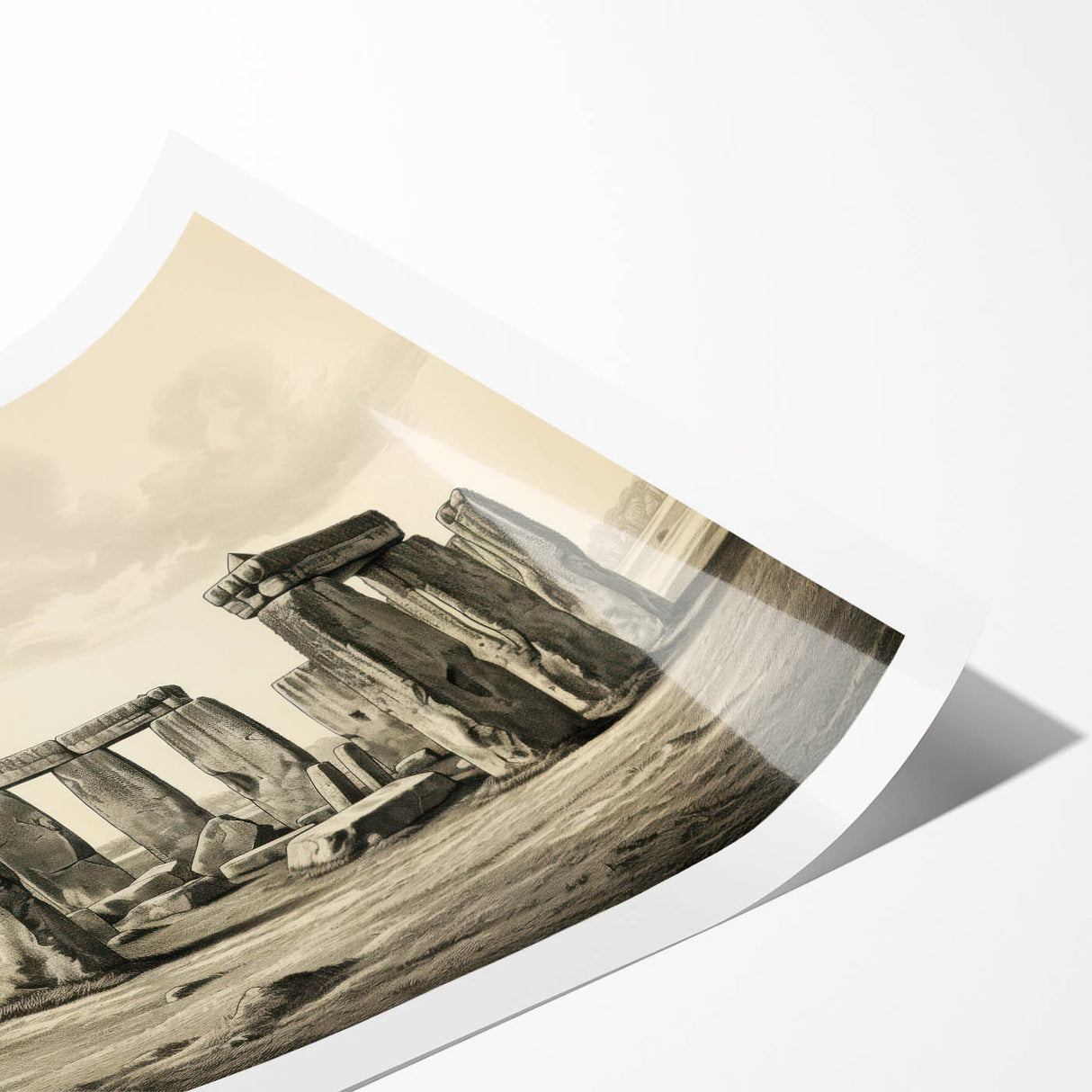 Extra large wall art featuring a minimalist line art design of Stonehenge in muted gray tones on a rolled print.