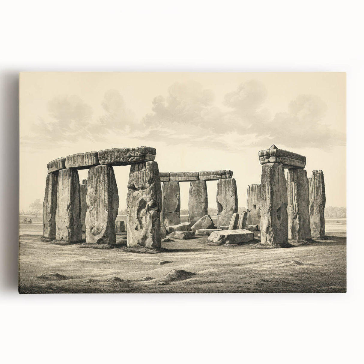Black and white image of Stonehenge on stretched canvas, ideal for kitchen wall art or bedroom ambiance.