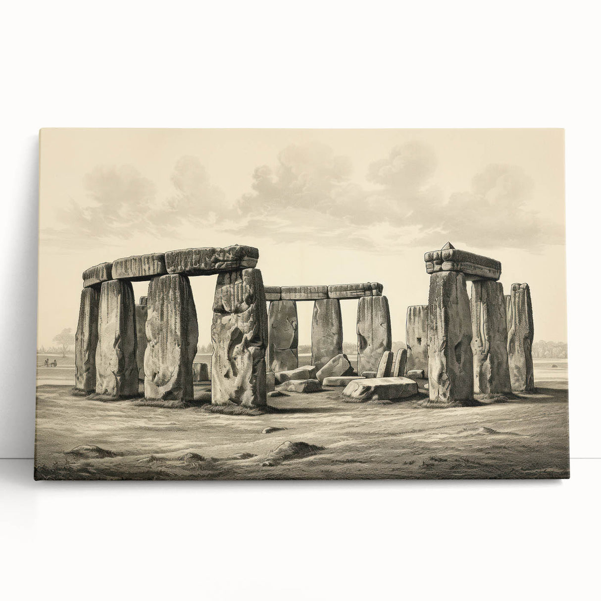 Black and white image of Stonehenge on large stretched canvas, ideal for kitchen wall art.