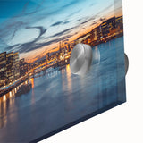 Large abstract depiction of the Thames River in muted gray and blue tones on acrylic glass, suitable for dining room art.