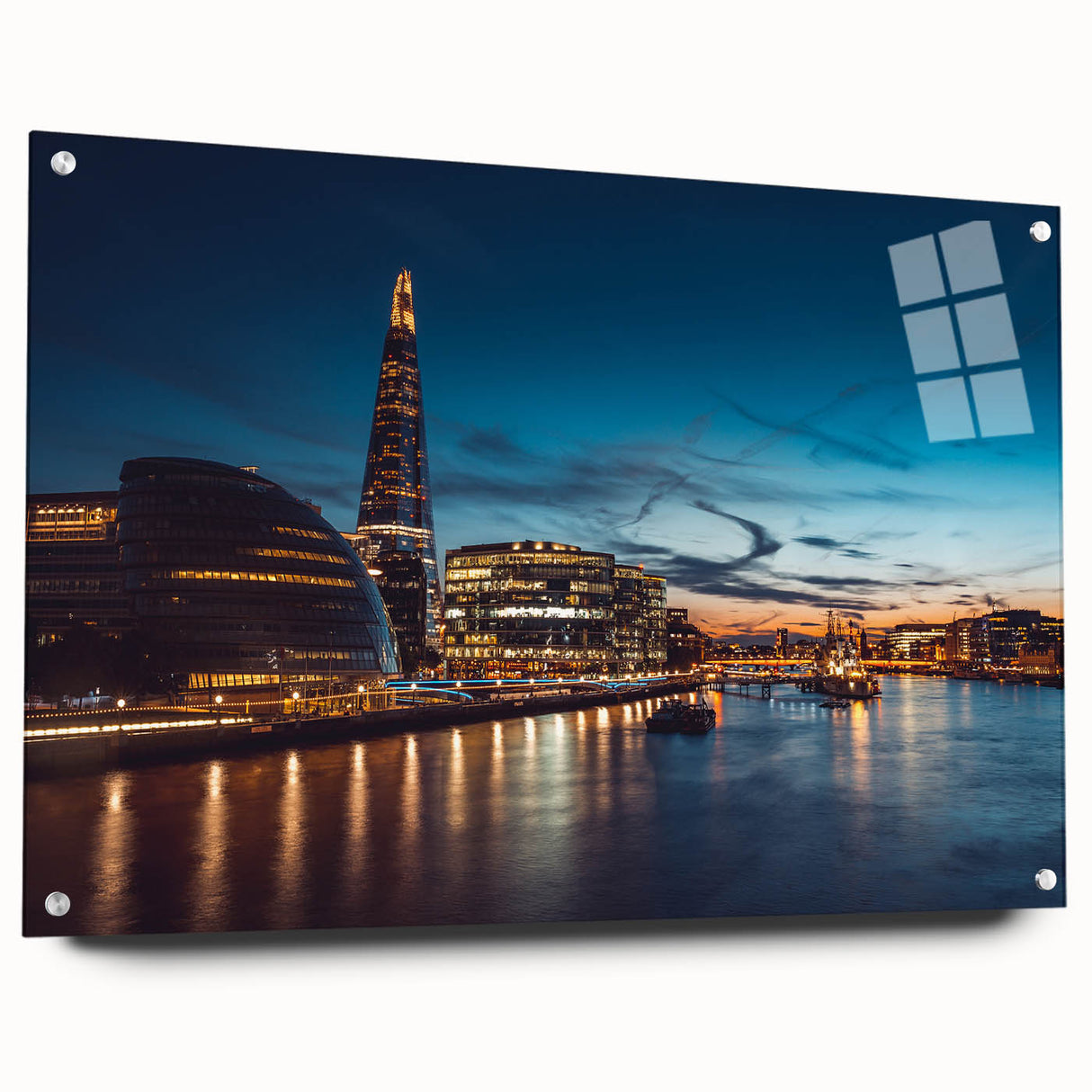 Acrylic glass print of the Thames River in England, featuring soft blue and gray tones, suitable for dining room decor.