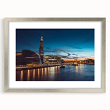 Extra large abstract art print of the Thames River, in muted gray and blue tones, framed in silver.